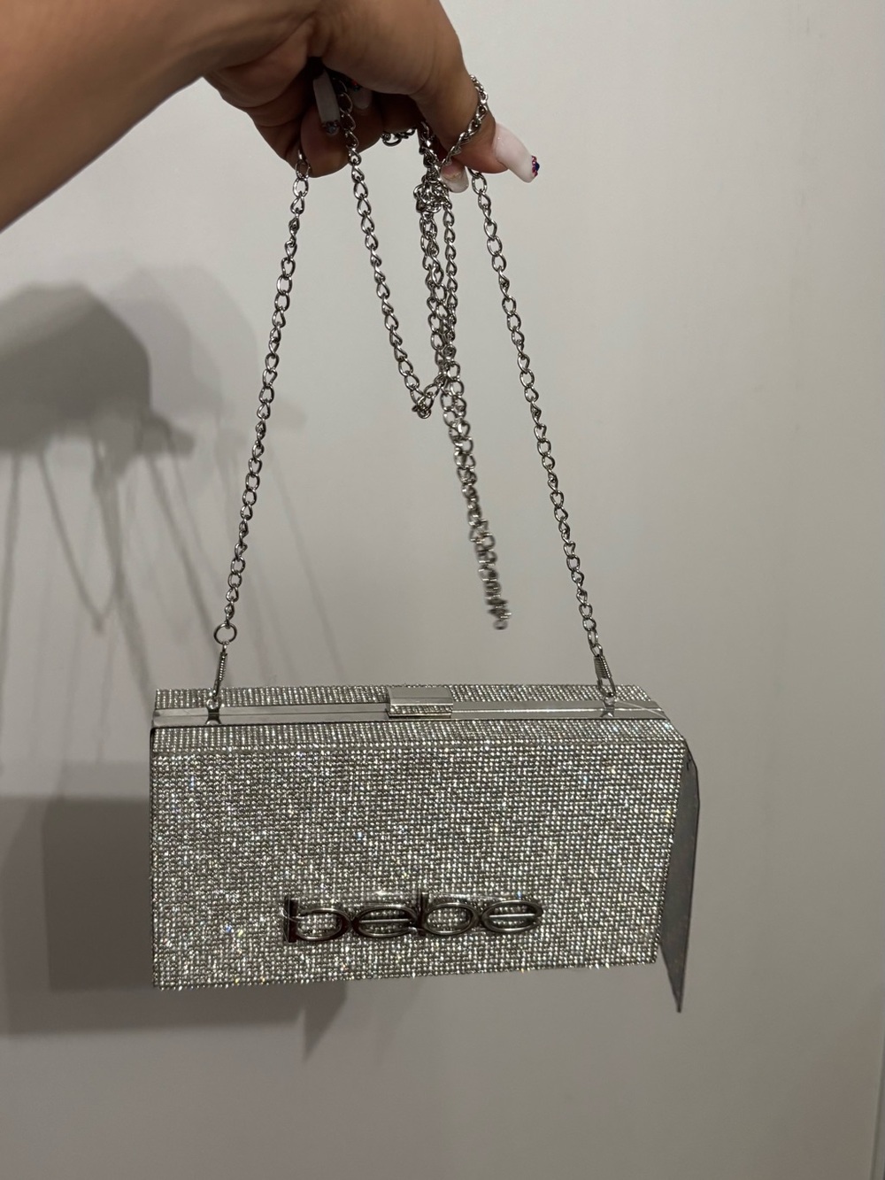 BEBE Silver Crystal Logo Evening Clutch - Picture 7 of 9